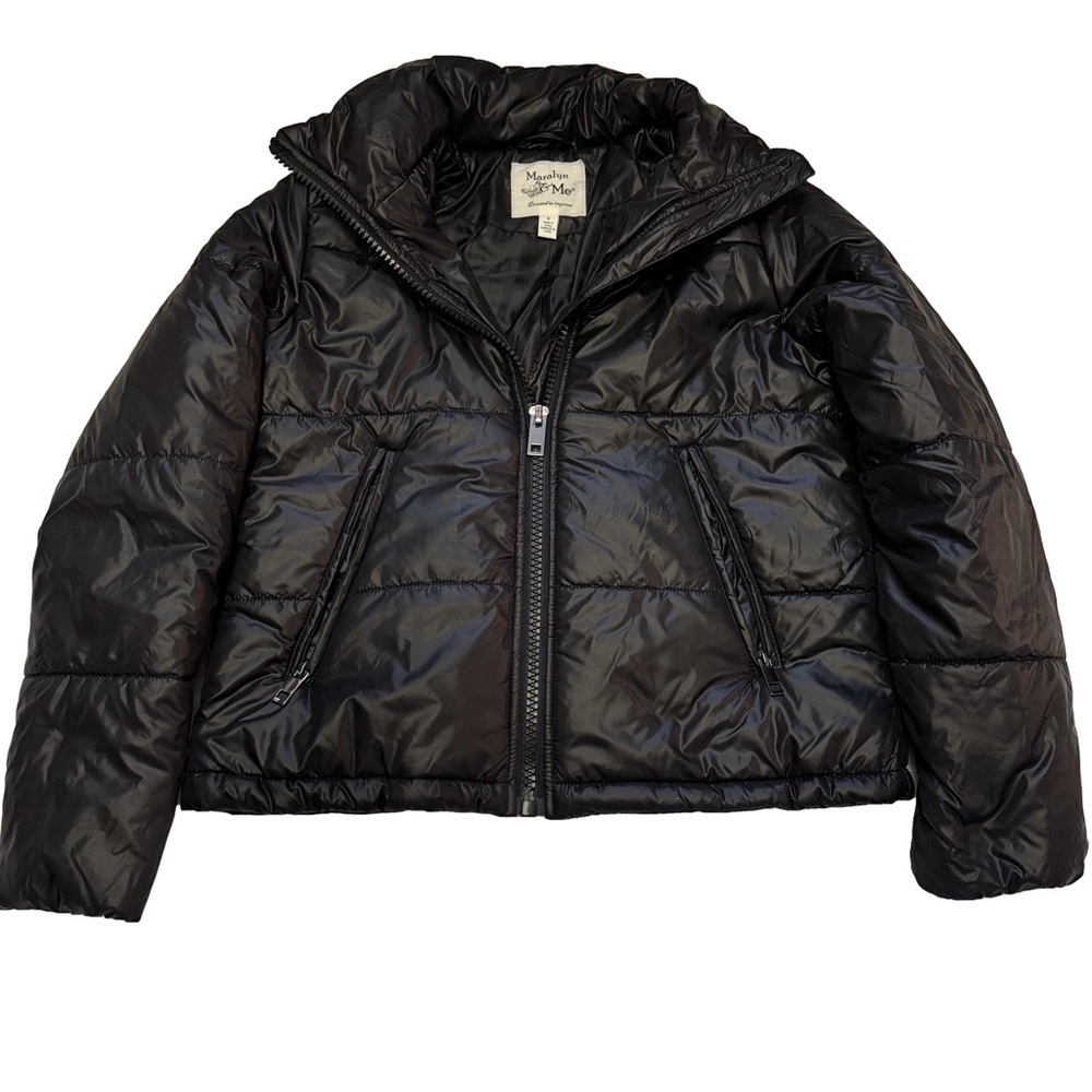 Marilyn & Me Black Puffer Jacket Size S Cropped adjustable cords at waist NEW